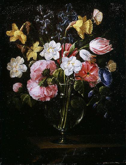 Juan de Arellano Clematis, a Tulip and other flowers in a Glass Vase on a wooden Ledge with a Butterfly